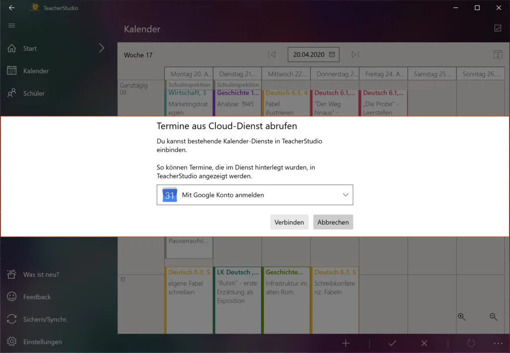 Dialog „Termine aus Cloud-Dienst abrufen“ mit der Auswahl „Mit Google Konto anmelden“ und den Schaltflächen Verbinden und Abbrechen