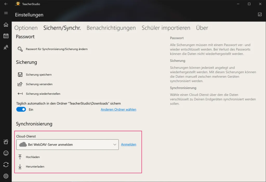 Einstellungen „Sichern/Synchr.“ mit rot hervorgehobenem Bereich „Synchronisierung“, in dem als Cloud-Dienst „Bei WebDAV-Server anmelden“ ausgewählt ist