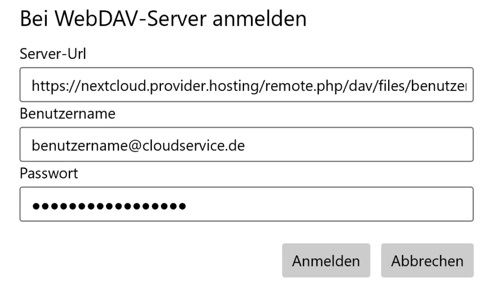 Dialog „Bei WebDAV-Server anmelden“ mit Feldern für Server-URL, Benutzername und Passwort