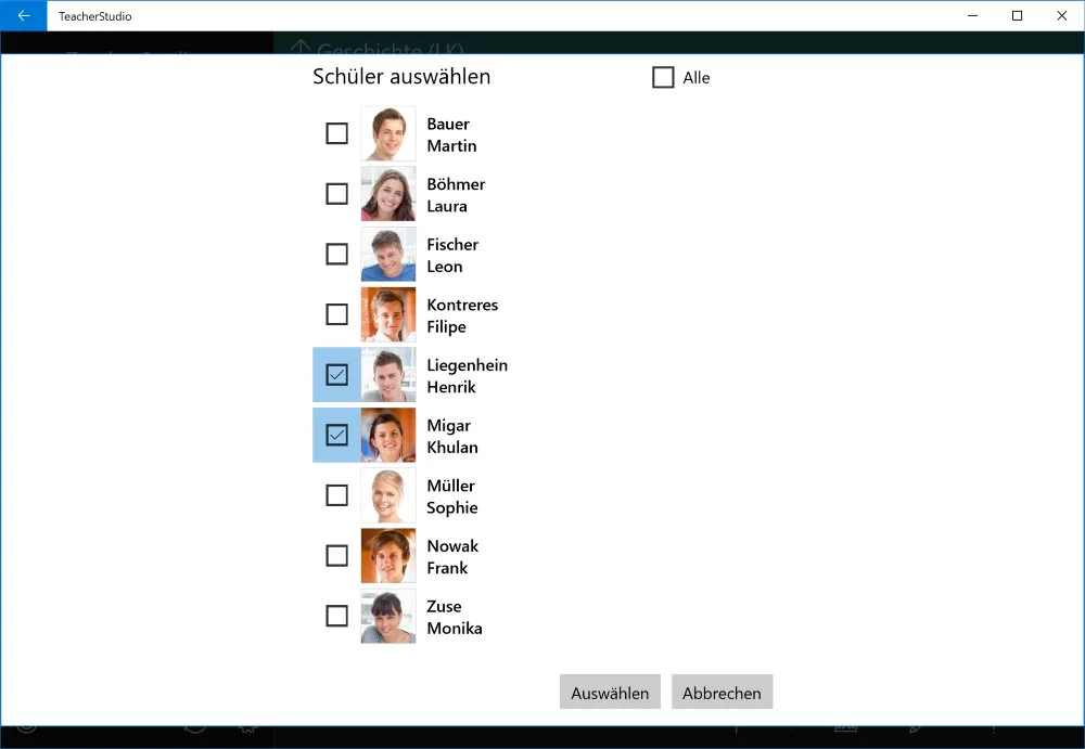 Dialog „Schüler auswählen“ mit einer Liste aller Schüler und Checkboxen, von denen zwei für die Fortsetzung der Benotung angehakt sind