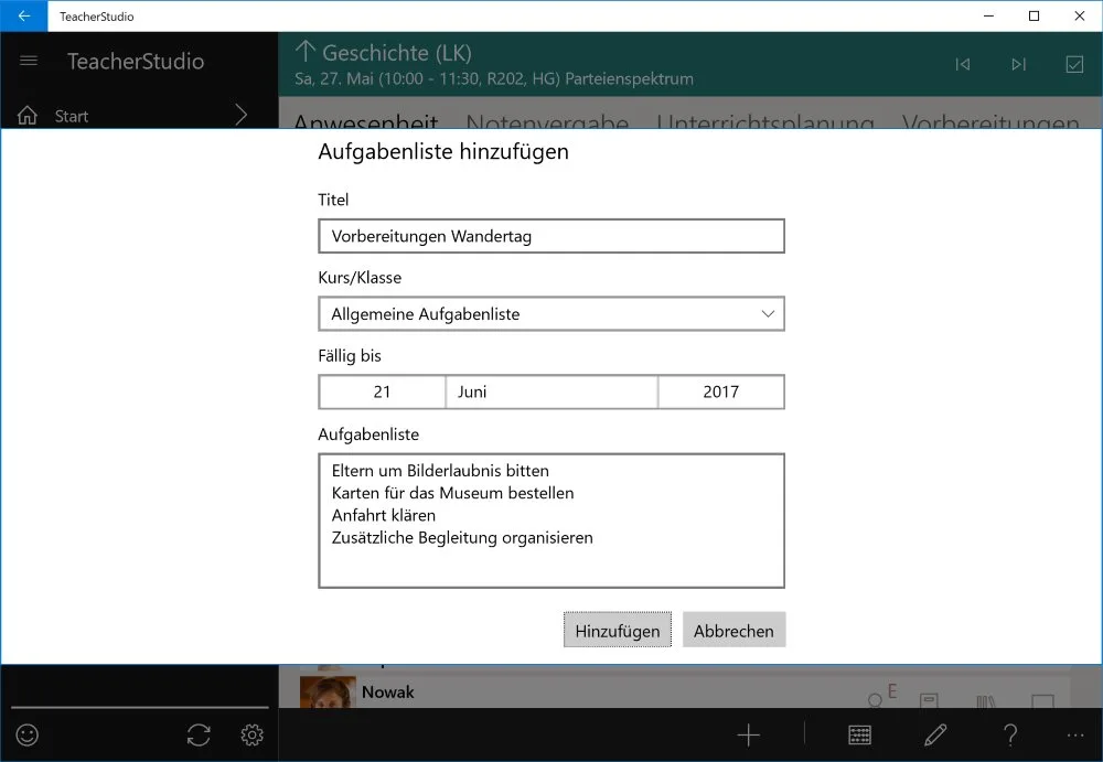 Dialog „Aufgabenliste hinzufügen“ mit Titel, Kurs/Klasse, Fälligkeitsdatum und einem Textfeld mit mehreren aufgelisteten Aufgaben