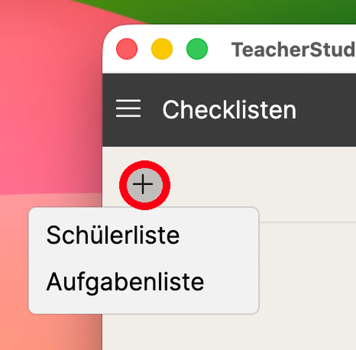 Aufgeklapptes Menü mit den Optionen „Schülerliste“ und „Aufgabenliste“ nach Klick auf die hervorgehobene Schaltfläche mit dem Plus-Symbol