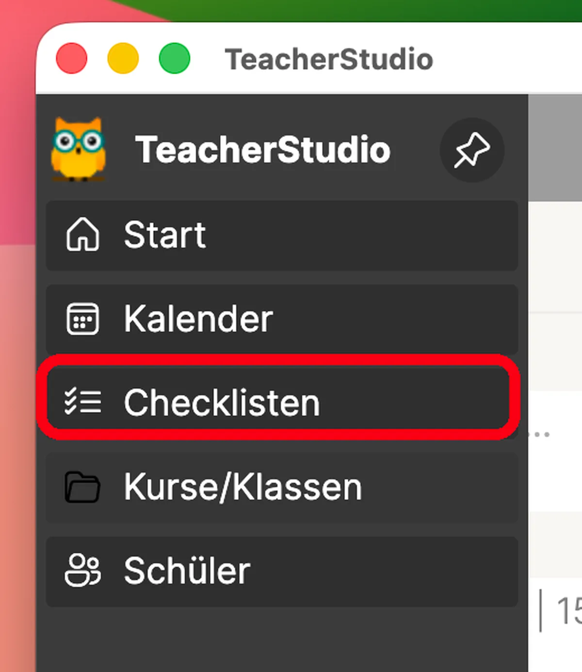 Geöffnetes Seitenmenü mit hervorgehobenem Eintrag „Checklisten“ unterhalb von Start und Kalender