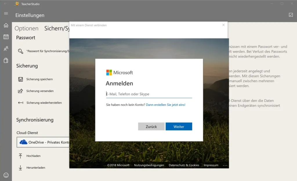 Microsoft-Anmeldedialog „Mit einem Dienst verbinden“ mit Eingabefeld für E-Mail, Telefon oder Skype
