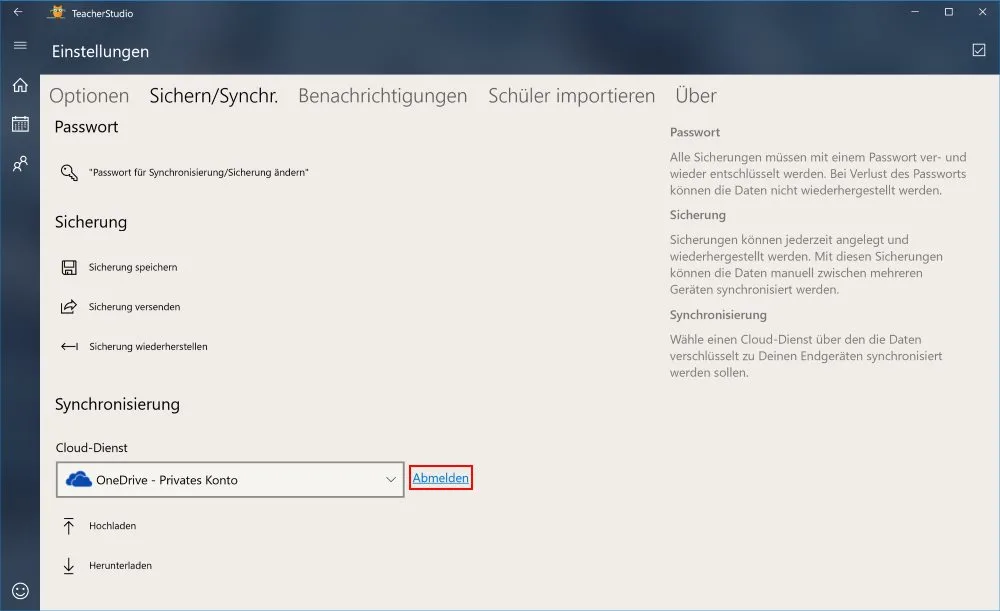 Einstellungen „Sichern/Synchr.“ mit gewähltem Cloud-Dienst OneDrive und rot hervorgehobenem Link „Abmelden“