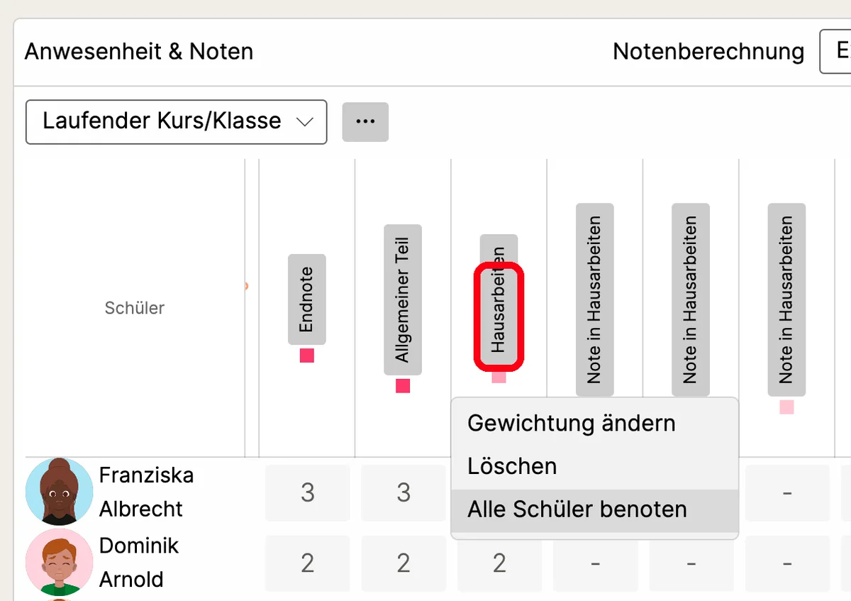 Menü der Notenkategorie „Hausarbeiten“ mit hervorgehobenem Eintrag „Alle Schüler benoten“