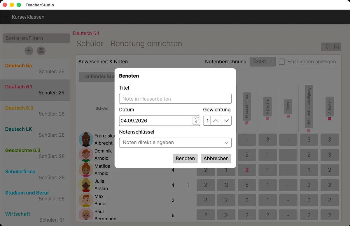 Dialog „Benoten“ mit Titel, Datum, Gewichtung und Notenschlüssel