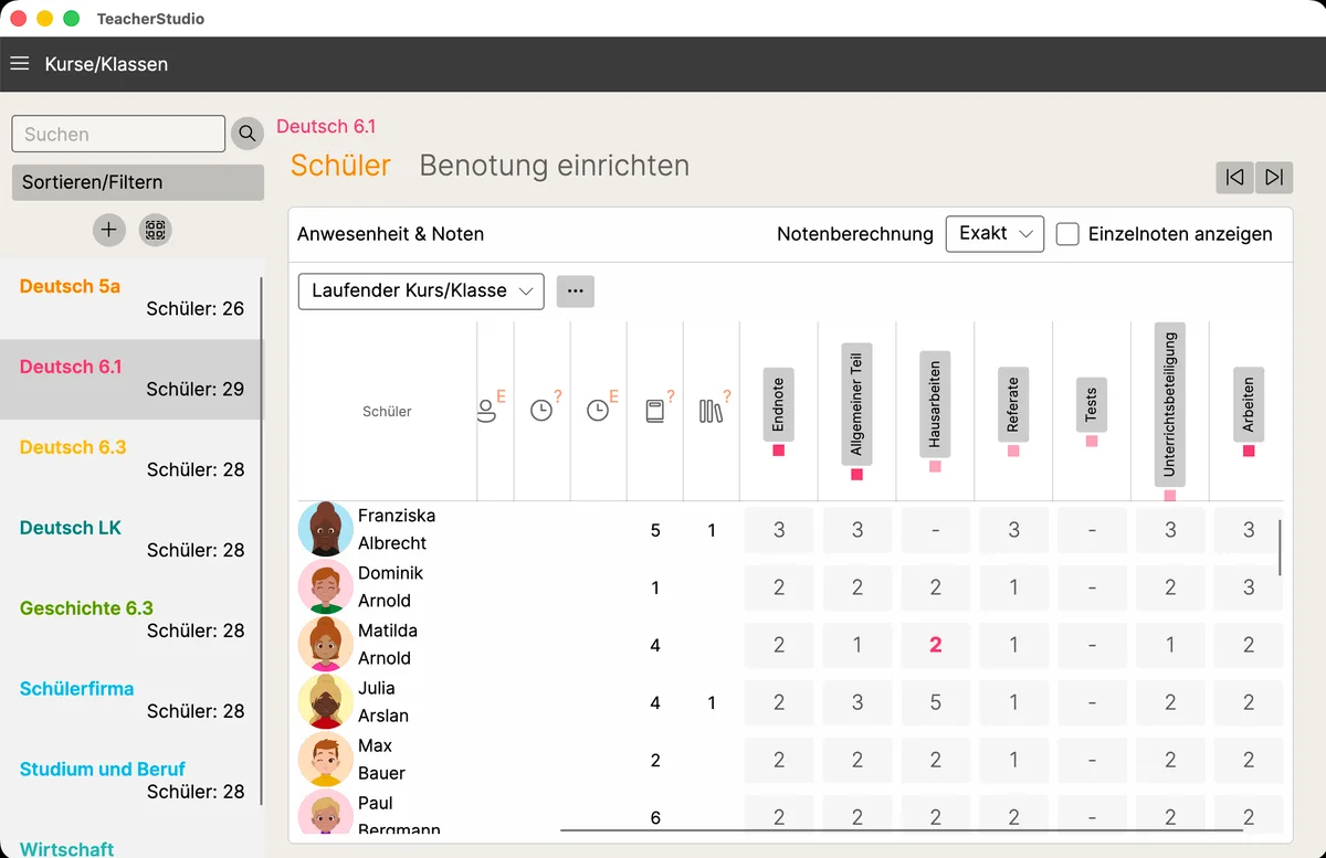 Erweiterte Kursansicht mit der Tabelle „Anwesenheit & Noten“; die pädagogisch überschriebene Note „2“ bei Matilda Arnold ist rot hervorgehoben