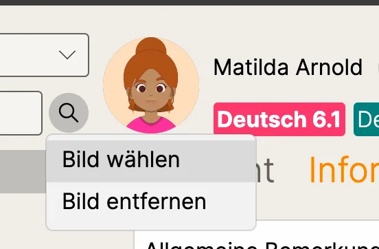 Menü „Bild wählen“ und „Bild entfernen“ am Profilbild in der erweiterten Schüleransicht