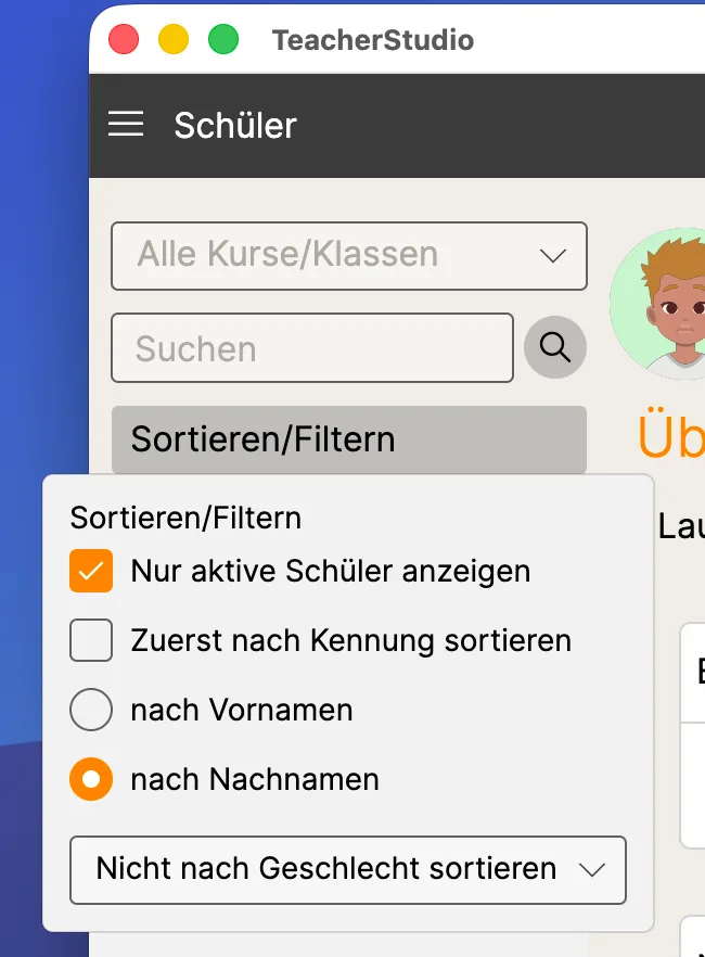 Geöffnetes Menü „Sortieren/Filtern“ mit den Optionen „Nur aktive Schüler anzeigen“, Sortierung nach Kennung/Vor-/Nachnamen und Gruppierung nach Geschlecht