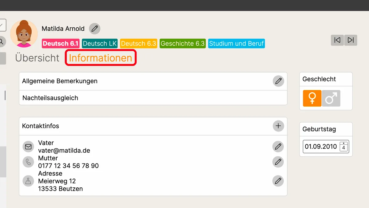 Registerkarte „Informationen“ mit Allgemeinen Bemerkungen, Nachteilsausgleich, Kontaktinfos, Geschlecht und Geburtstag; hervorgehoben ist die Registerkarte „Informationen“