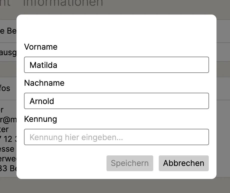 Dialog zum Bearbeiten von Vorname, Nachname und Kennung
