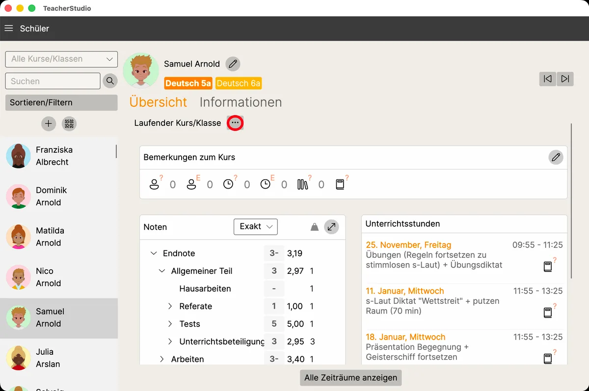 Erweiterte Schüleransicht mit Kurs-Badges, Notenstand und Unterrichtsstunden; hervorgehoben ist die Schaltfläche „…” bei „Laufender Kurs/Klasse”