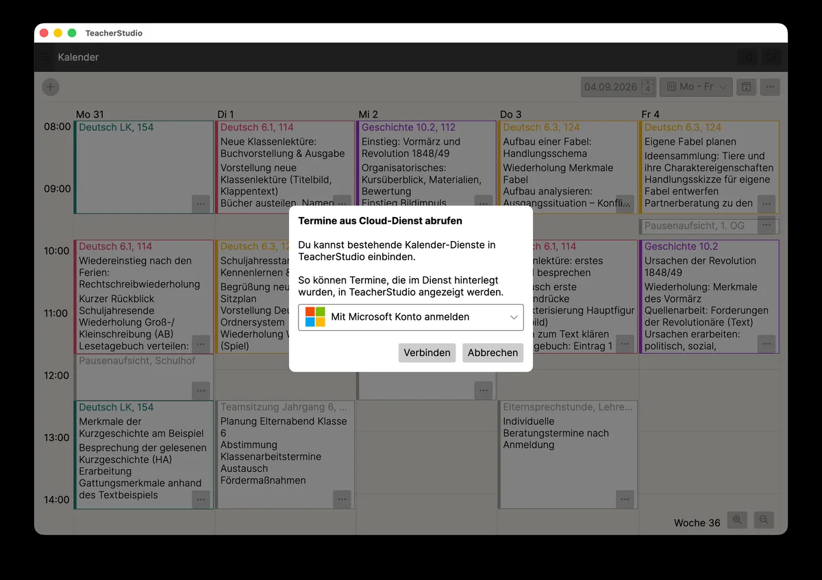 Dialog „Termine aus Cloud-Dienst abrufen“ mit der Auswahl des Kalenderanbieters