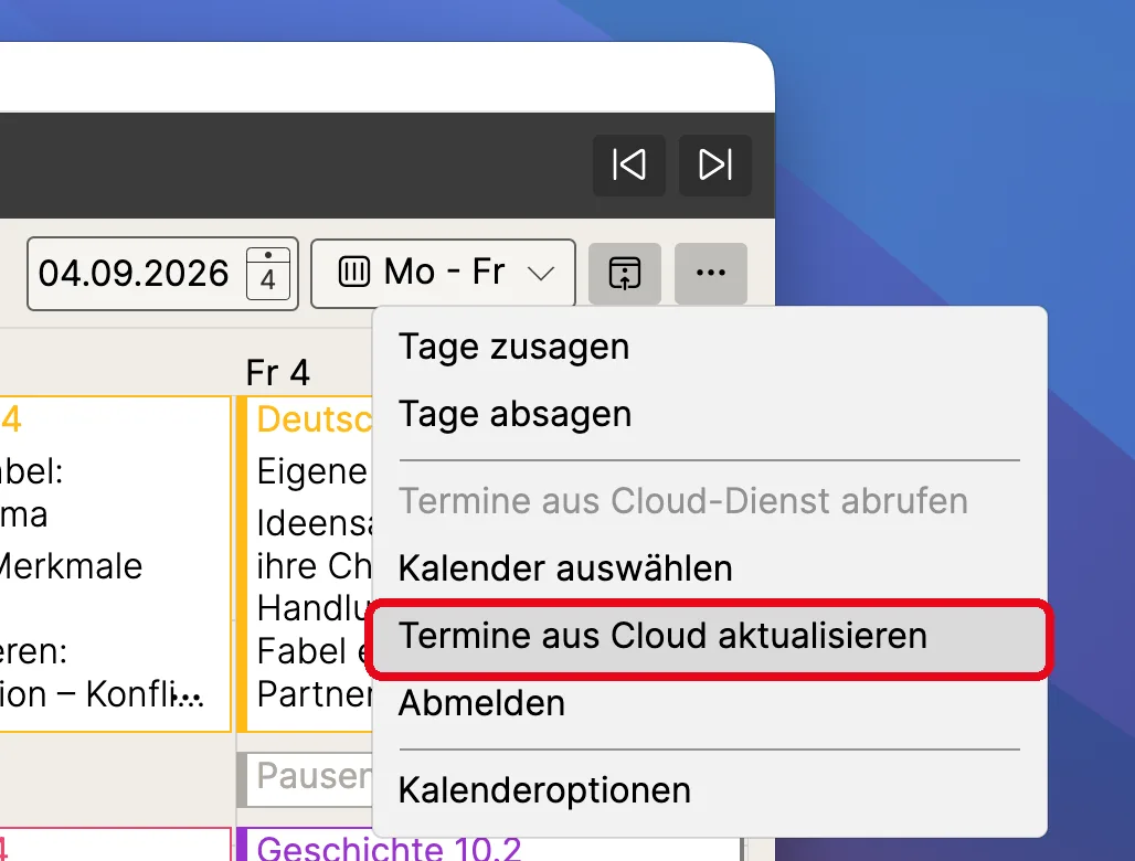 Menü mit dem hervorgehobenen, nun verfügbaren Eintrag „Termine aus Cloud aktualisieren“ sowie „Kalender auswählen“ und „Abmelden“