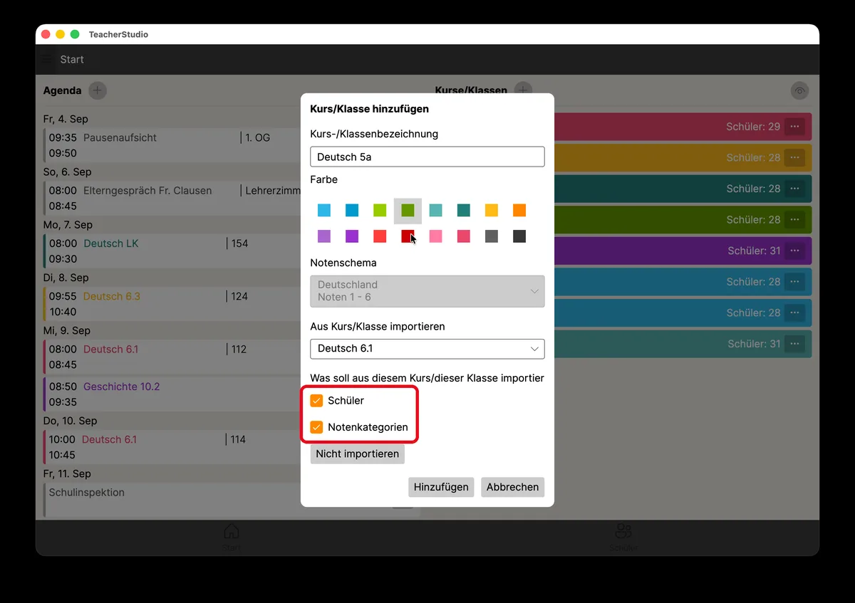 Erweiterte Ansicht des Dialogs mit den Importoptionen für Schüler*innen und Notenkategorien