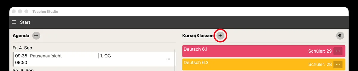 Startseite von TeacherStudio mit der Schaltfläche zum Anlegen eines neuen Kurses