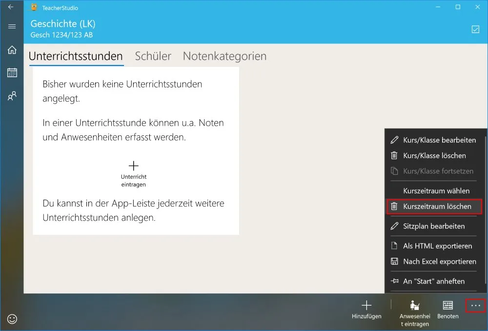 Geöffnetes „…“-Menü der App-Leiste mit rot hervorgehobenem Menüpunkt „Kurszeitraum löschen“