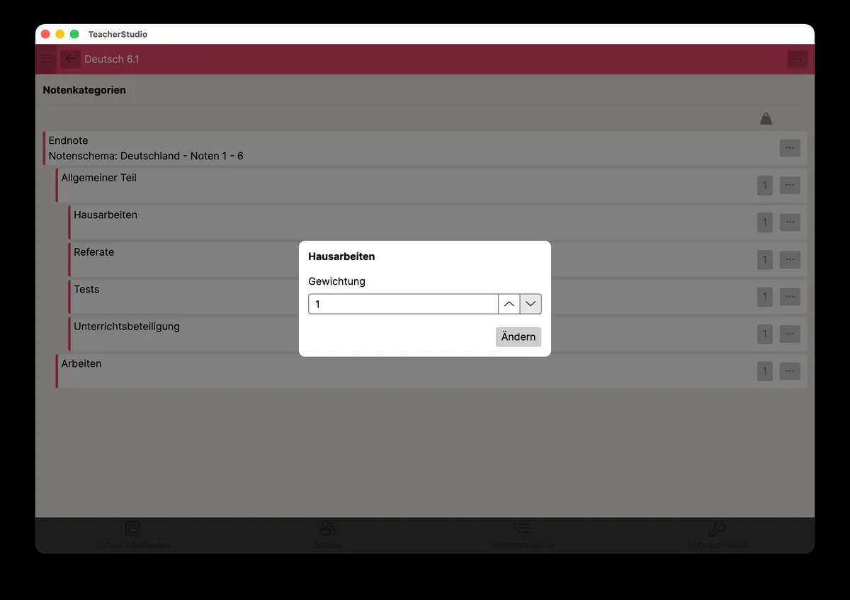 Popup „Gewichtung“ der Notenkategorie „Unterrichtsbeteiligung“ mit einem Eingabefeld sowie Minus- und Plus-Schaltflächen