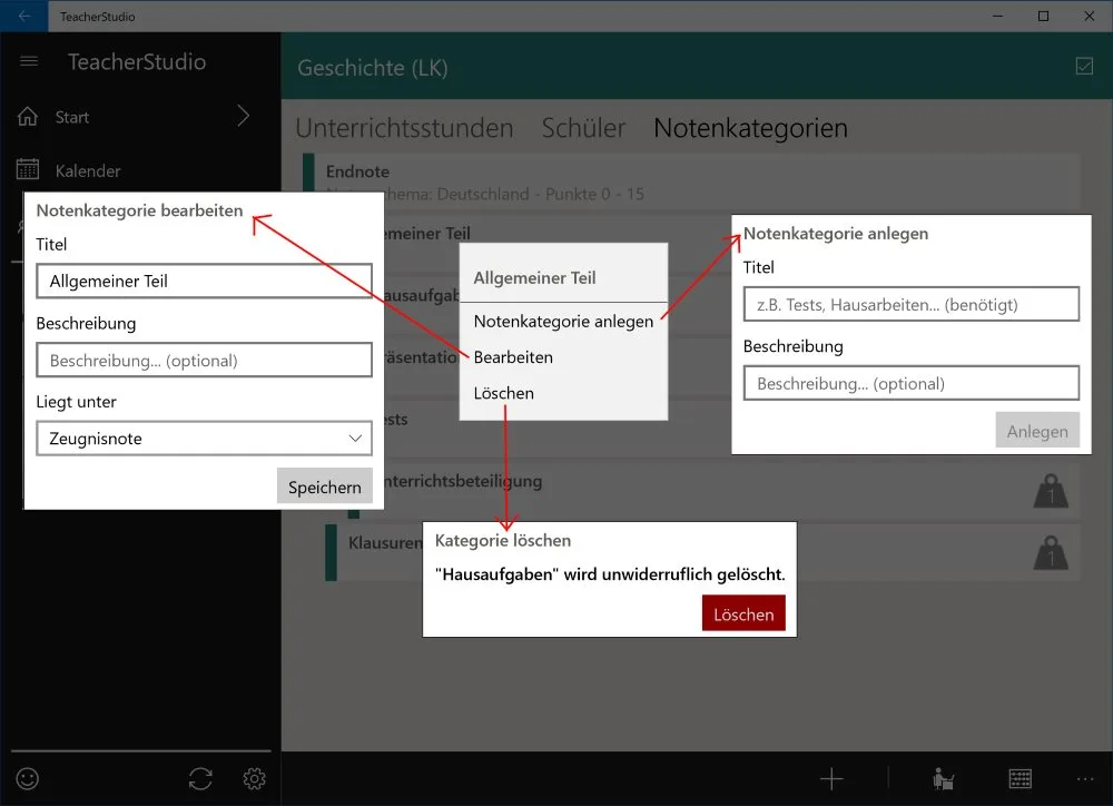 Kontextmenü einer Notenkategorie mit den Menüpunkten Notenkategorie anlegen, Bearbeiten und Löschen sowie den dazugehörigen Popups