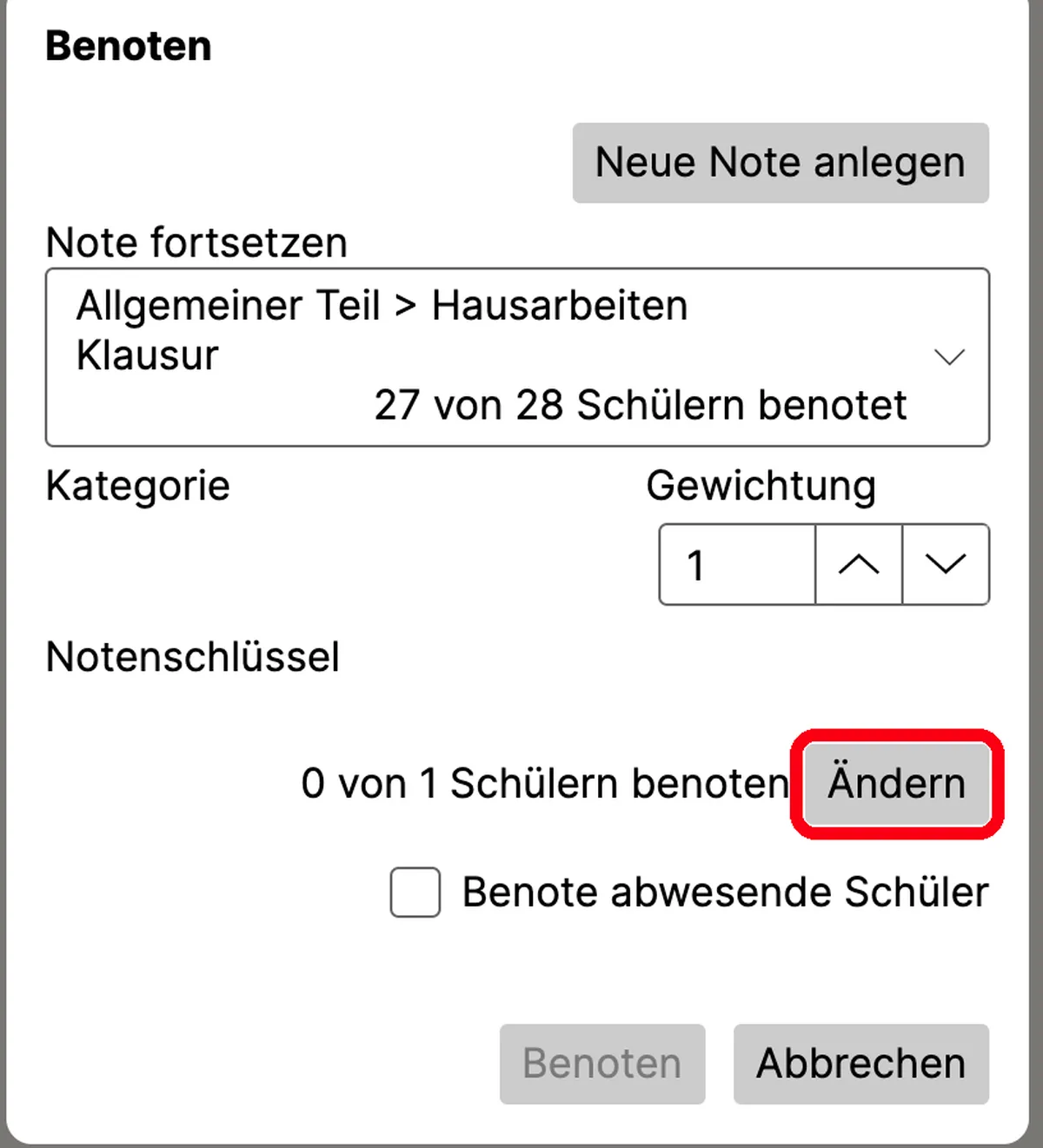 Dialog „Benoten“ mit ausgewähltem Eintrag „Allgemeiner Teil > Hausarbeiten Klausur, 27 von 28 Schülern benotet“ unter „Note fortsetzen“ und rot hervorgehobener Schaltfläche „Ändern“
