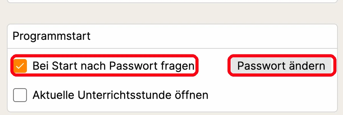 Bereich „Programmstart“ mit den hervorgehobenen Optionen „Bei Start nach Passwort fragen“ und „Passwort ändern“