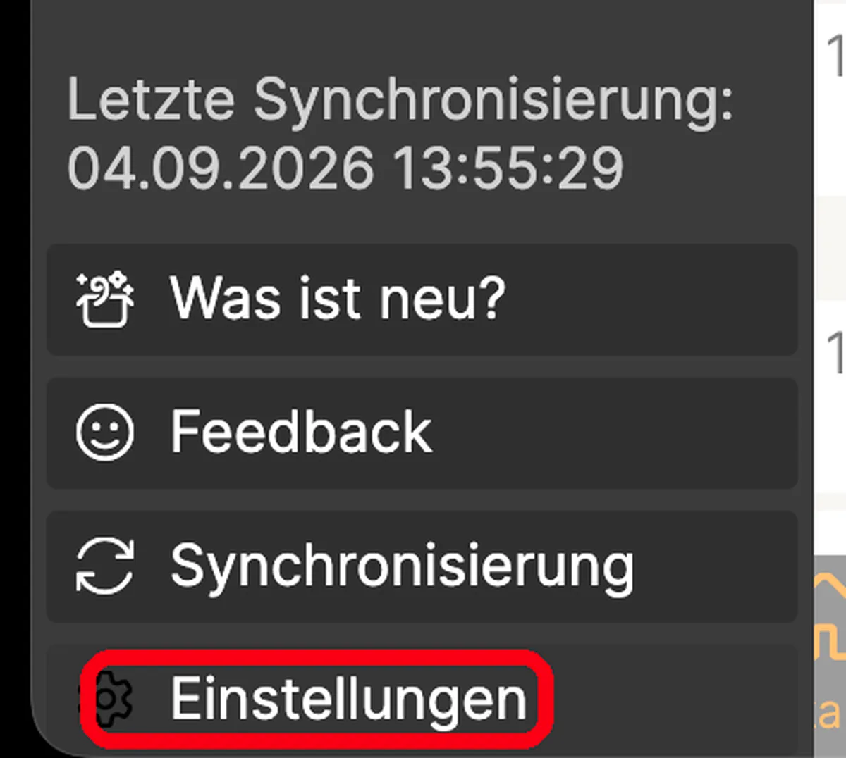 Seitenleiste mit dem hervorgehobenen Eintrag „Einstellungen“