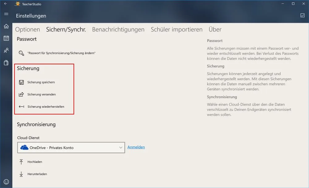 Einstellungen „Sichern/Synchr.“ mit rot hervorgehobenem Bereich „Sicherung“ und den Optionen „Sicherung speichern“, „Sicherung versenden“ und „Sicherung wiederherstellen“