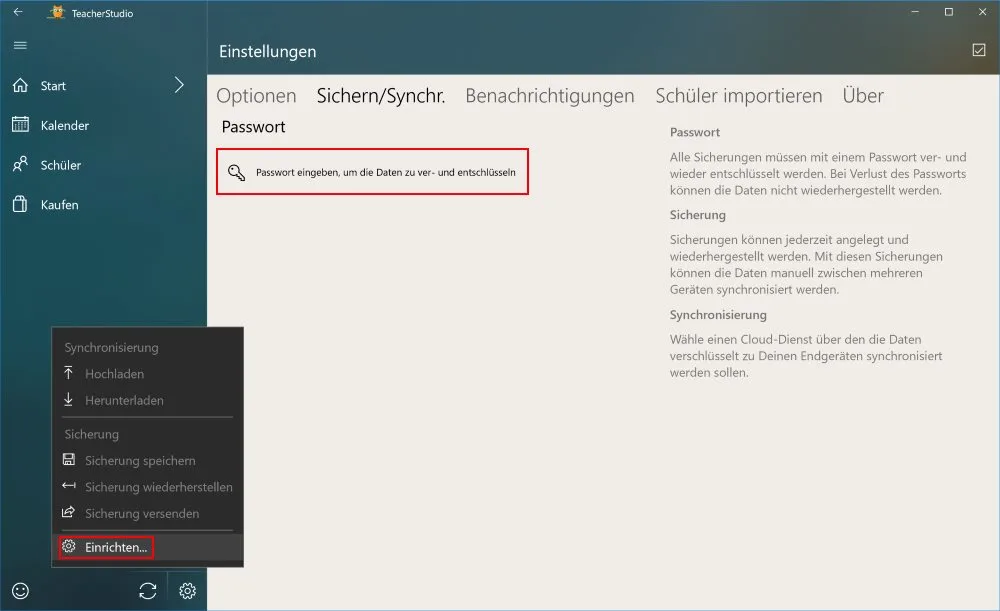 Einstellungen „Sichern/Synchr.“ mit der Seitenleiste geöffnet und dem rot hervorgehobenen Menüpunkt „Einrichten…“ am unteren Rand