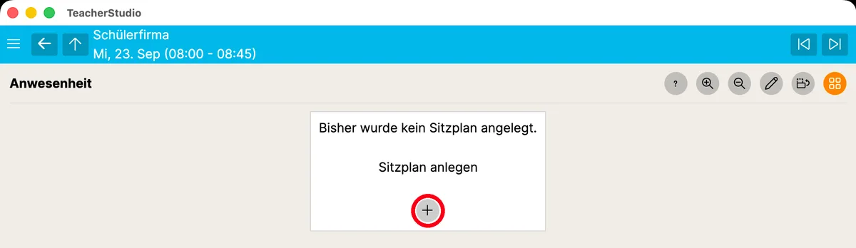 Leere Kachelansicht mit dem Hinweis „Bisher wurde kein Sitzplan angelegt“ und hervorgehobener Schaltfläche zum Anlegen eines neuen Sitzplans