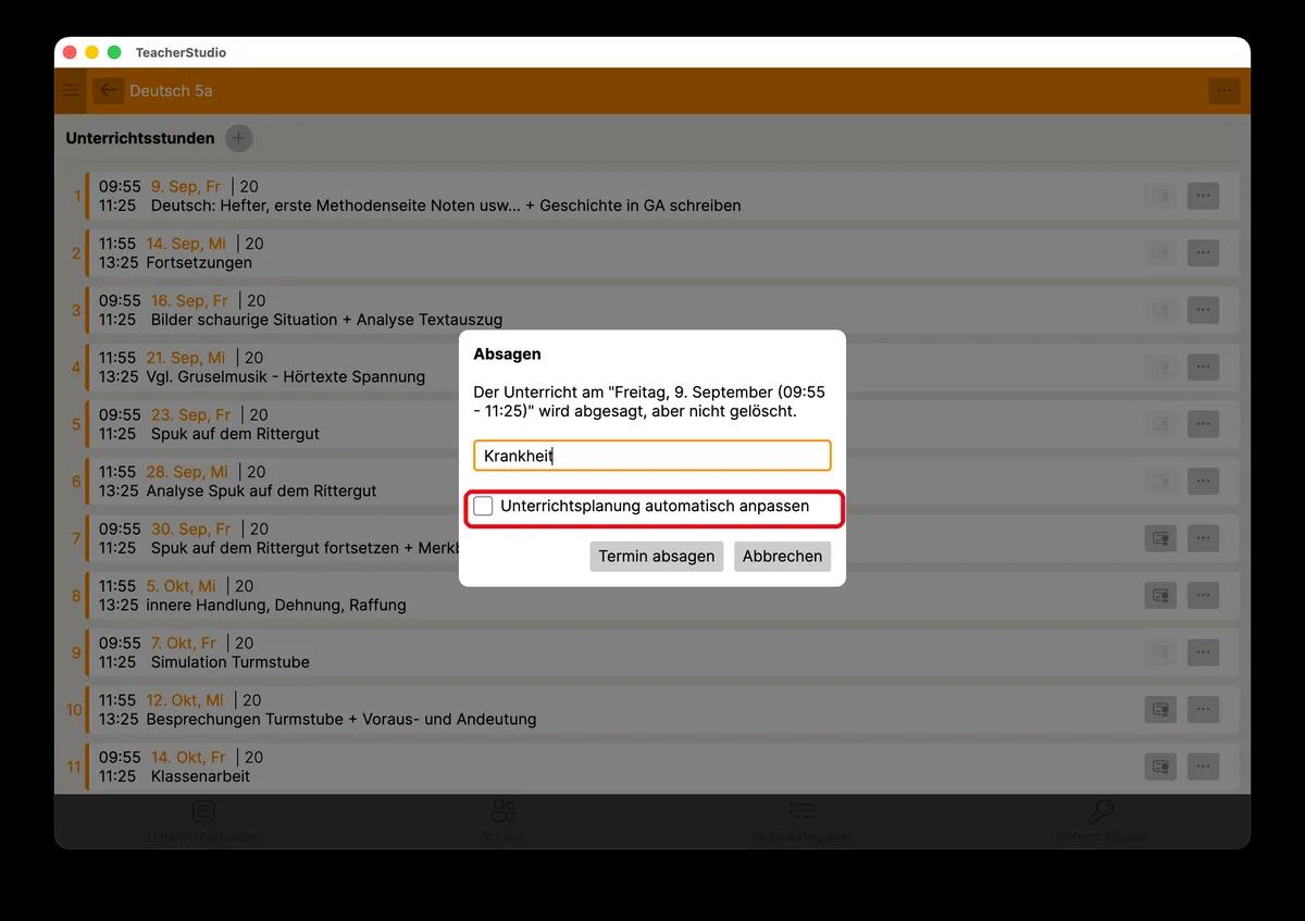 Dialog „Absagen“ mit Begründung und der hervorgehobenen Option „Unterrichtsplanung automatisch anpassen“