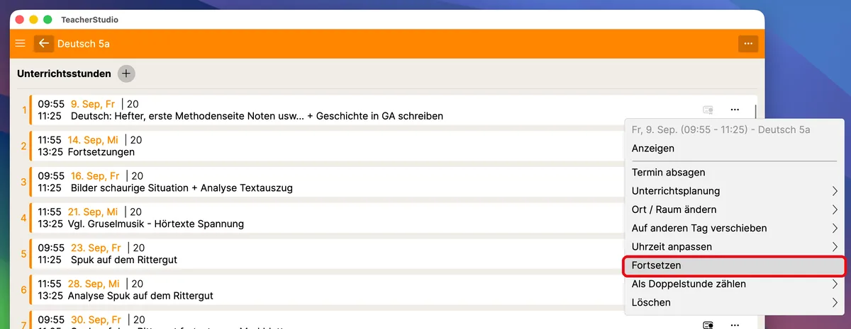 Menüeintrag „Fortsetzen“