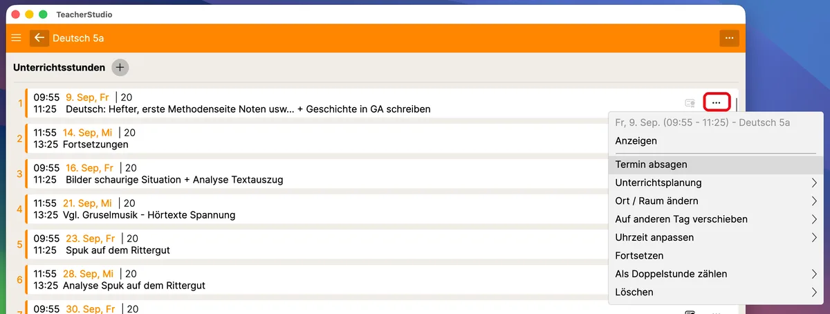 „…“-Menü einer Unterrichtsstunde mit allen Bearbeitungsoptionen