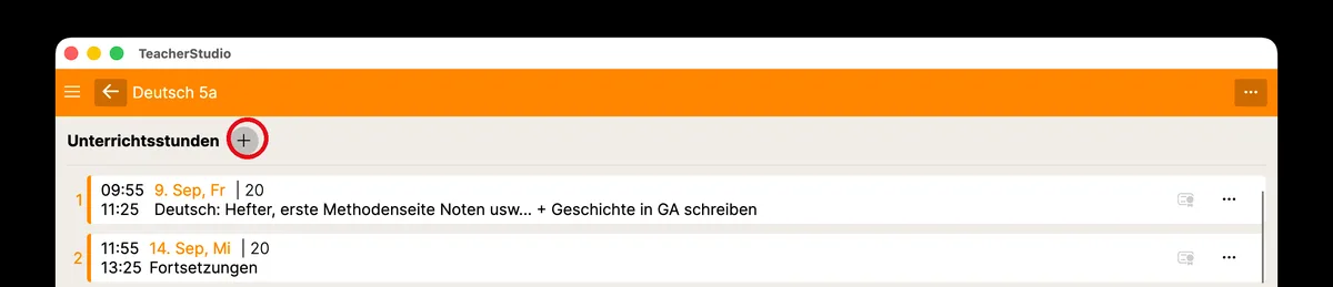 Kursansicht mit der Registerkarte „Unterrichtsstunden“ und hervorgehobener Schaltfläche zum Anlegen einer neuen Stunde