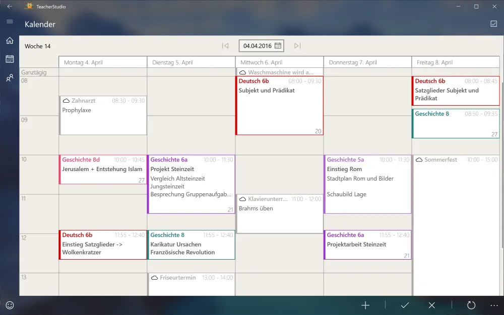 Wochenkalender mit synchronisierten Cloud-Terminen wie Zahnarzt, Klavierunterricht und Friseurtermin, erkennbar an einem kleinen Wolken-Symbol