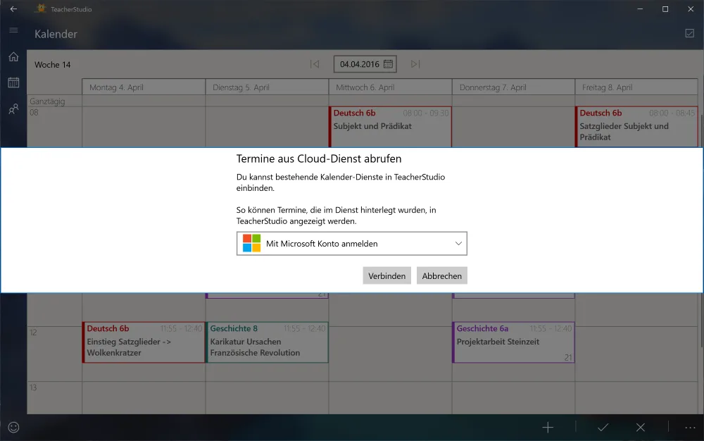 Dialog „Termine aus Cloud-Dienst abrufen“ mit Auswahl „Mit Microsoft Konto anmelden“ sowie den Schaltflächen Verbinden und Abbrechen