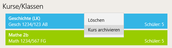 Rechtsklick-Kontextmenü eines Kurses in der Kurse/Klassen-Liste mit den Optionen Löschen und Kurs archivieren
