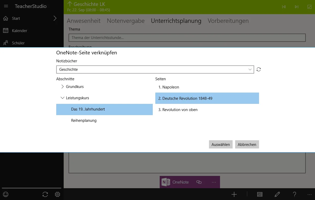 Dialog „OneNote-Seite verknüpfen“ mit Auswahl von Notizbuch, Abschnitt und der zu verknüpfenden Seite