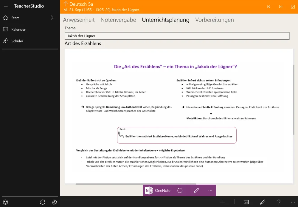 In die Unterrichtsplanung eingebettete OneNote-Seite mit Tafelbild-Notizen zum Unterrichtsthema