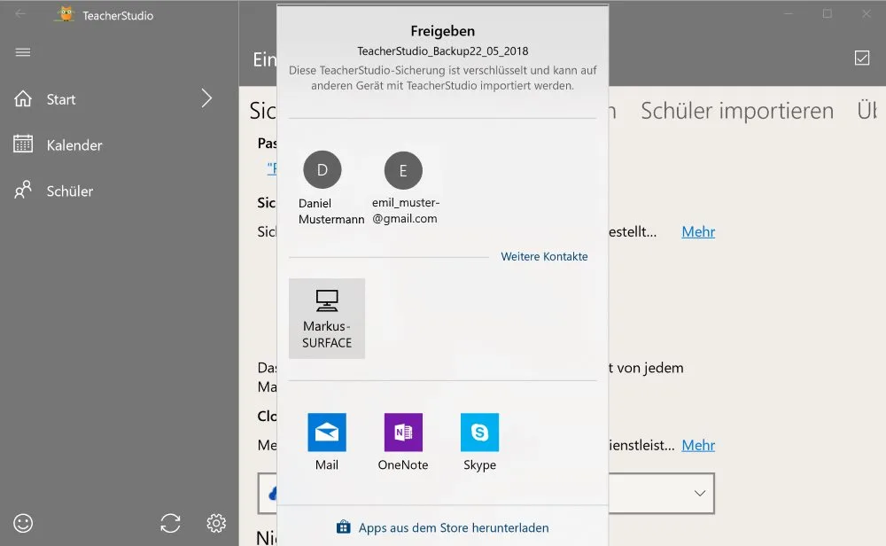 Windows-Freigabedialog beim Versenden einer TeacherStudio-Sicherung mit Kontakten, einem verbundenen Gerät und Apps wie Mail, OneNote und Skype als Empfänger