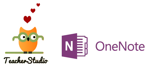 TeacherStudio-Eulenmaskottchen mit Herzen neben dem Microsoft-OneNote-Logo als Symbol für die Verbindung beider Apps