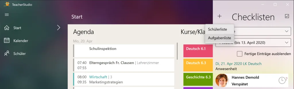 Aufgeklapptes Menü mit den Optionen „Schülerliste“ und „Aufgabenliste“ nach Klick auf das Plus-Symbol in der Checklisten-Ansicht