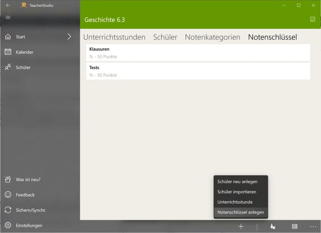 Geöffnetes Kontextmenü über der Schaltfläche + mit dem hervorgehobenen Menüpunkt „Notenschlüssel anlegen“