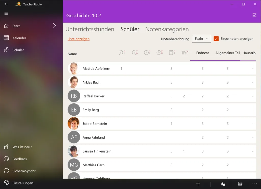 Registerkarte „Schüler“ eines Kurses mit der vollständigen Schülerliste und den Spalten Endnote, Allgemeiner Teil und weiteren Notenkategorien