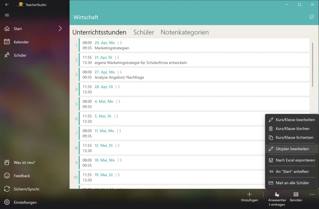 Geöffnetes Kontextmenü über der Schaltfläche „…“ mit dem Menüpunkt „Sitzplan bearbeiten“