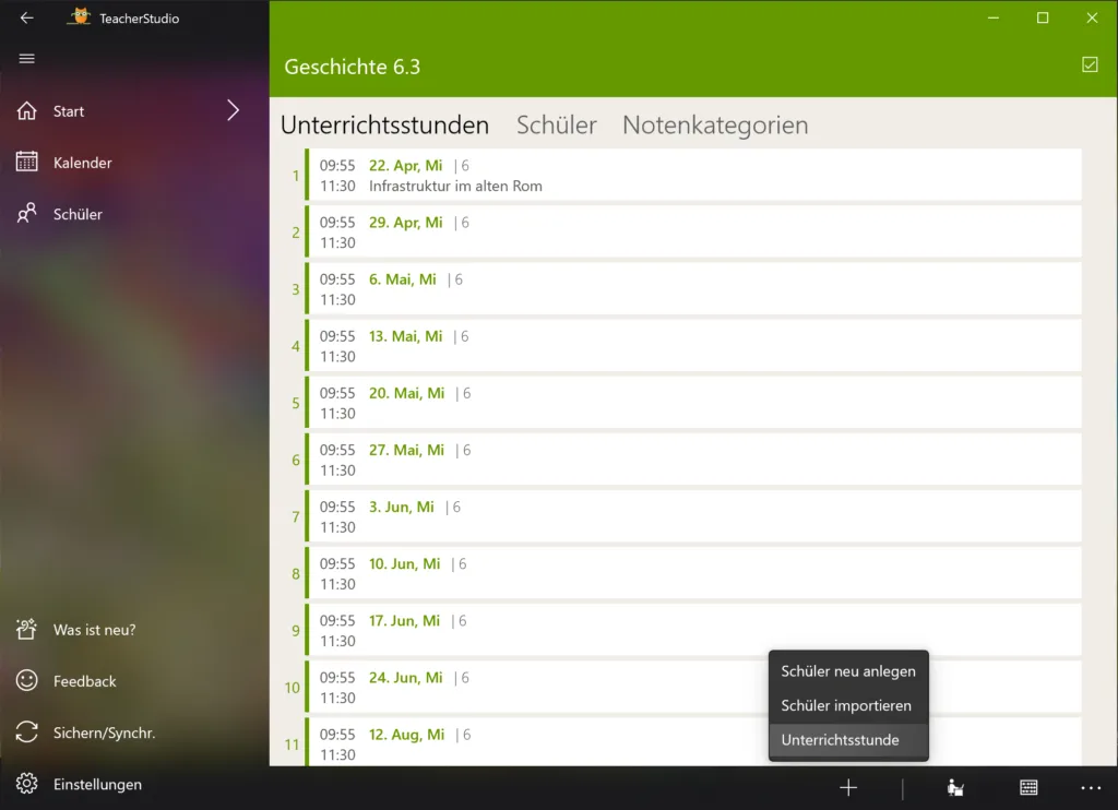 Liste der Unterrichtsstunden eines Kurses mit geöffnetem +-Menü und dem Eintrag „Unterrichtsstunde“